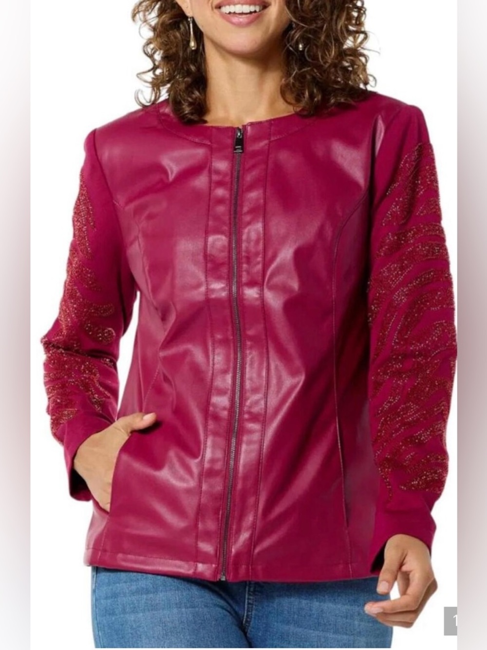 Colleen Lopez Red Faux Leather Jacket with Beaded Knit Sleeves NWOT 🌴